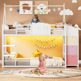 Bunk Bed Twin Over Twin with 3 Storage Drawers and Shelves, House Shaped Bunk Bed with Stairs and Guardrail
