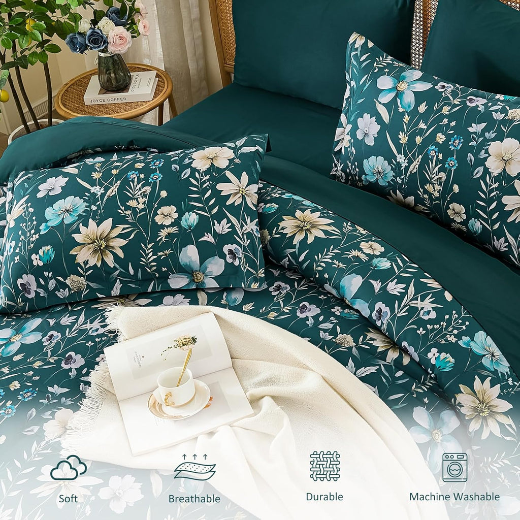Luxudecor Queen Floral Comforter Set 7 Pieces,Teal Floral Comforter with Sheet Set,Flowers Leaves Pattern Bed in a