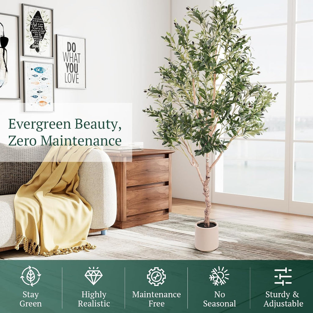 Large Olive Trees Artificial Indoor, Upgraded 7FT Faux Olive Tree with Natural Wood Trunk and Lifelike Fruits, White