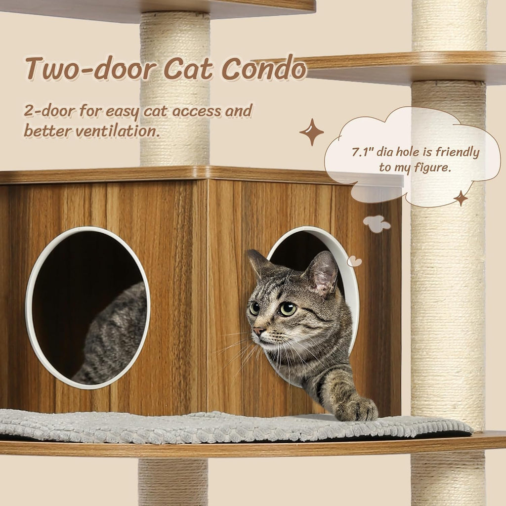 Solid Wood Cat Tree, 69" Large Tall Cat Tower Multi-Level Platforms with Sisal Scratching Posts, Cat Tree for Large