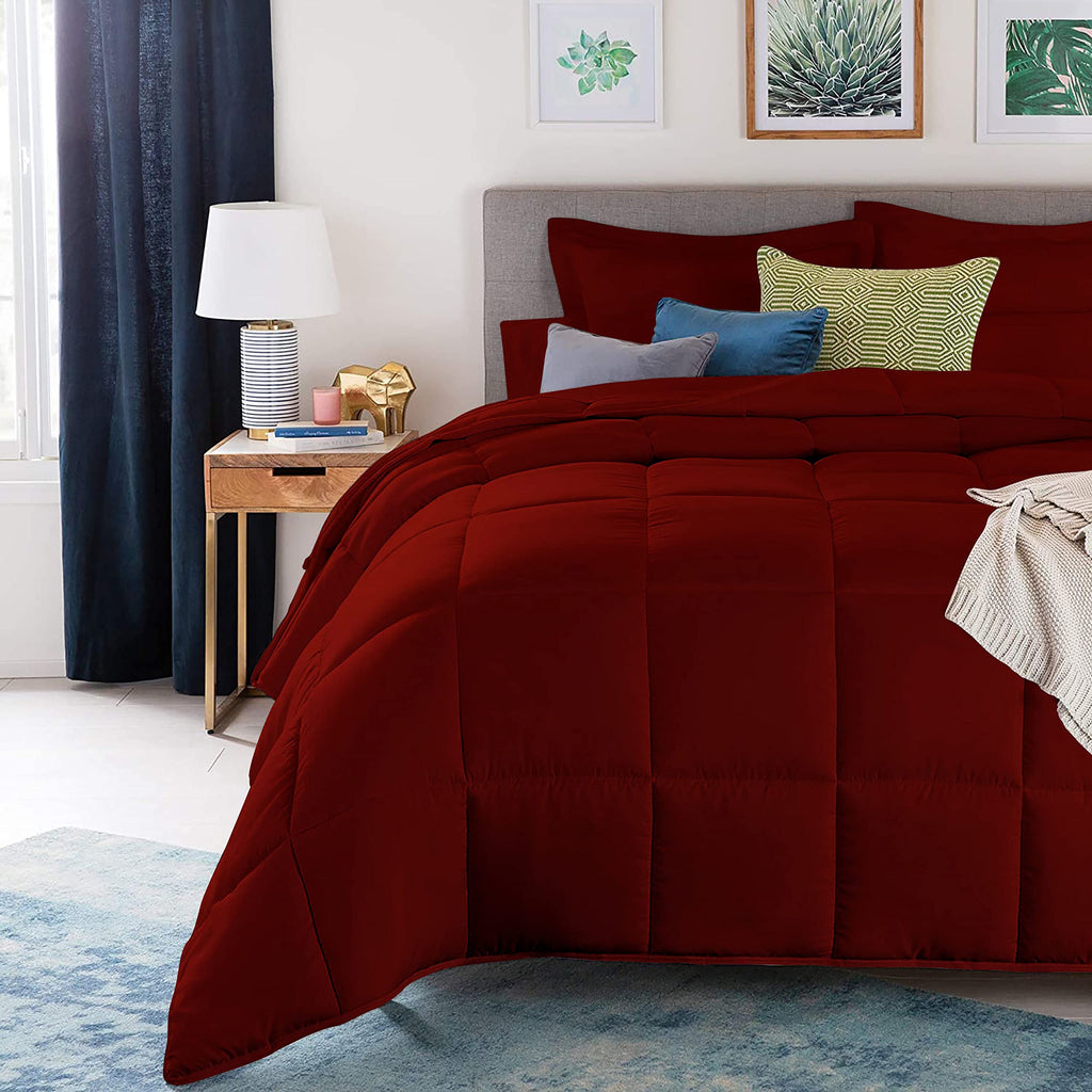Super King Size 1000 Thread Count | 550 GSM Fiber Fill | Solid Burgundy Down Alternative 5 Piece Box Design Comforter