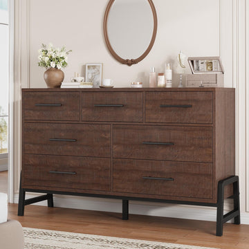 7 Dresser, 52 in Wide Drawer with Large Storage Space, Freestanding Wooden Closet Storage Dresser Chest, Walnut