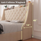 Upholstered Queen Bed Frame with 4 Storage Drawers, Charging Station and Tufted Wingback Storage Headboard