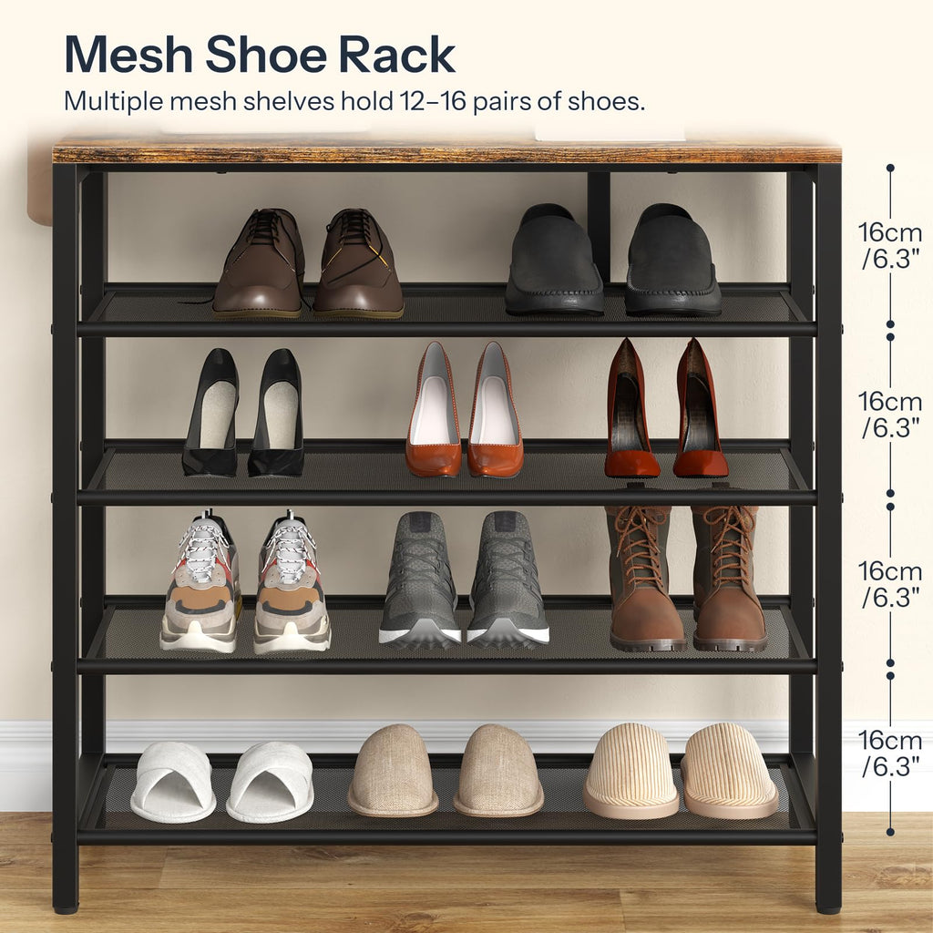 Hall Tree with Shoe Rack and Coat Hooks, Rustic Brown and Black