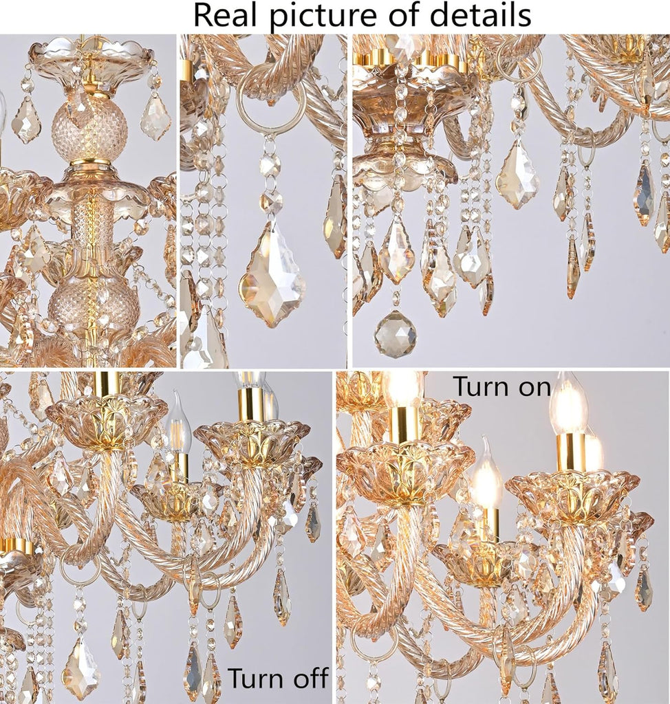 Luxury Amber K9 Crystal Chandelier 6-Light Candle Style Modern Pendant Ceiling Fixture Compatible with E12 Bulbs for Living Room Dining Room Bedroom Hallway Entry (6 Lights) A110-B0CRHFYJ55