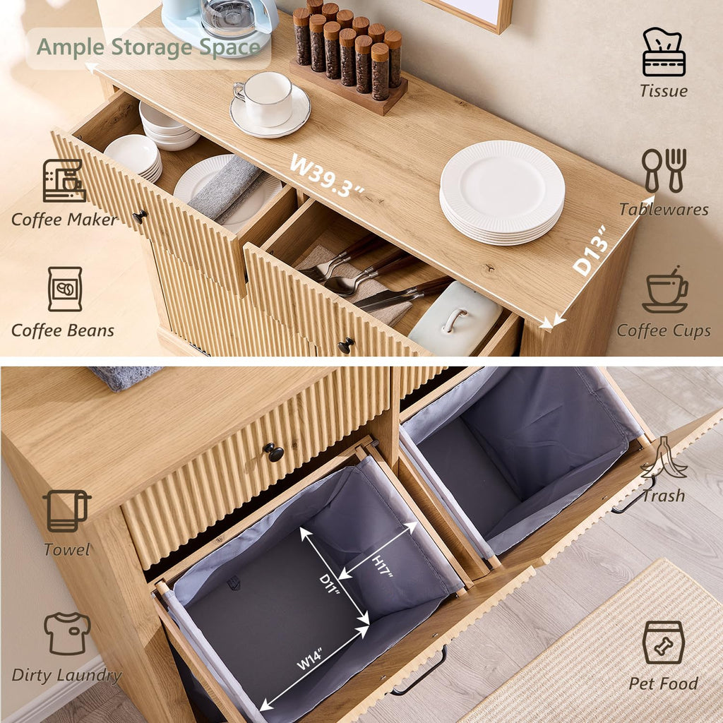 Double Tilt Out Laundry Hamper Cabinet, Modern Trash Cabinet, Natural