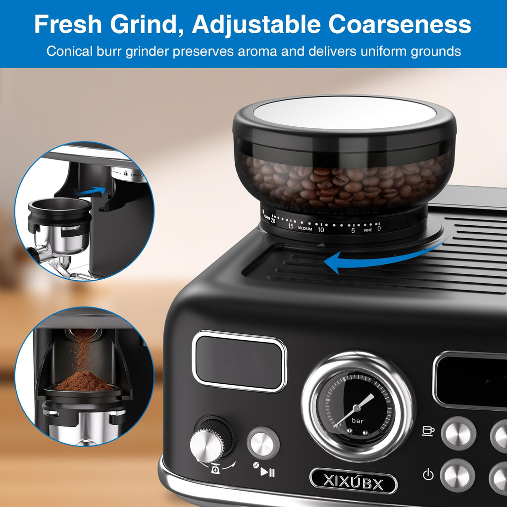 Espresso Machine with Grinder, PID & Programmable Settings, Black