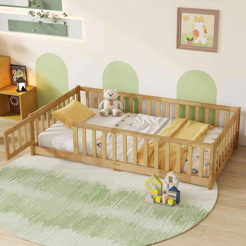 Floor Bed for Kids, Montessori Bed Frame with Door, Low Beds with Rail for Boys and Girls, No Box Spring