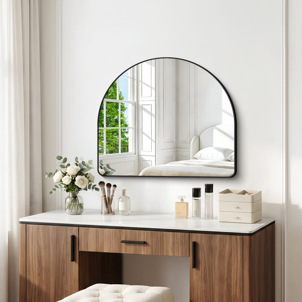 Arched Wall Mirror, 36"x30" inch Black Arched Mirror Bathroom, Vanity Mirror for Over Sink Metal Frame, Tempered Glass