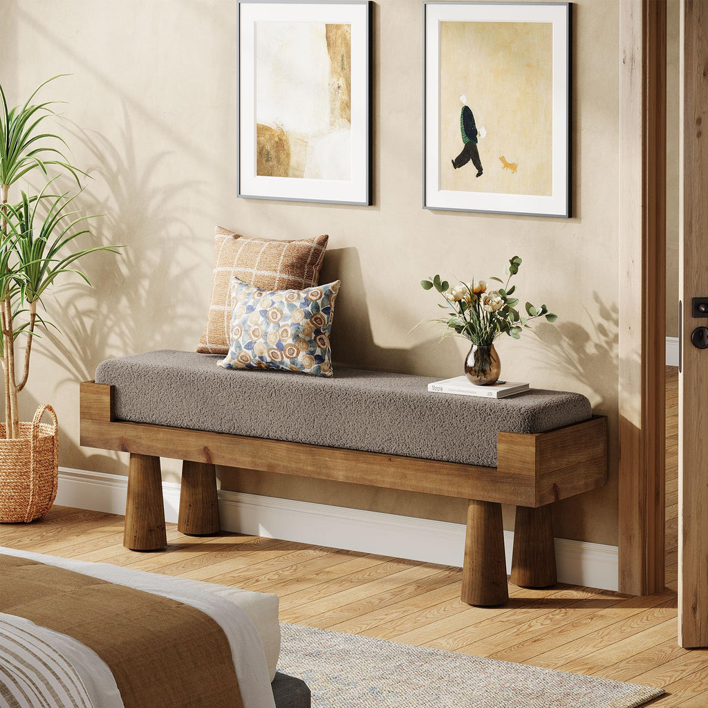 Upholstered Entryway Bench, Shoe Bench with Solid Wood Legs | Bedroom Bench with Cushion, Padded Seat End of Bed