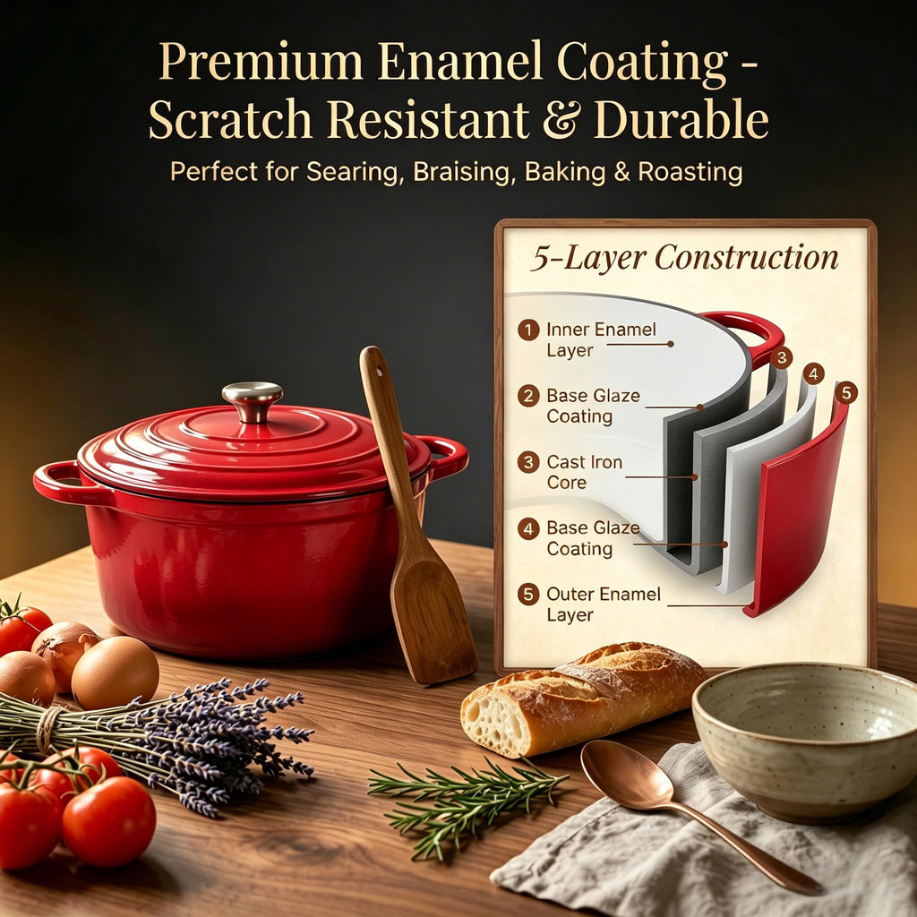 Nonstick Enameled Cast Iron Cookware Set, 5-Piece Pots and Pans Set with Lids, Skillet, Frying Pan, Saucepan & Dutch