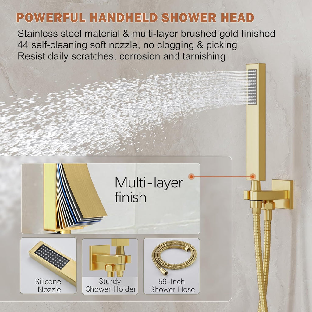 Gold Shower System, Shower Faucet Set with 10-Inch Rain Showerhead and Handheld Spray