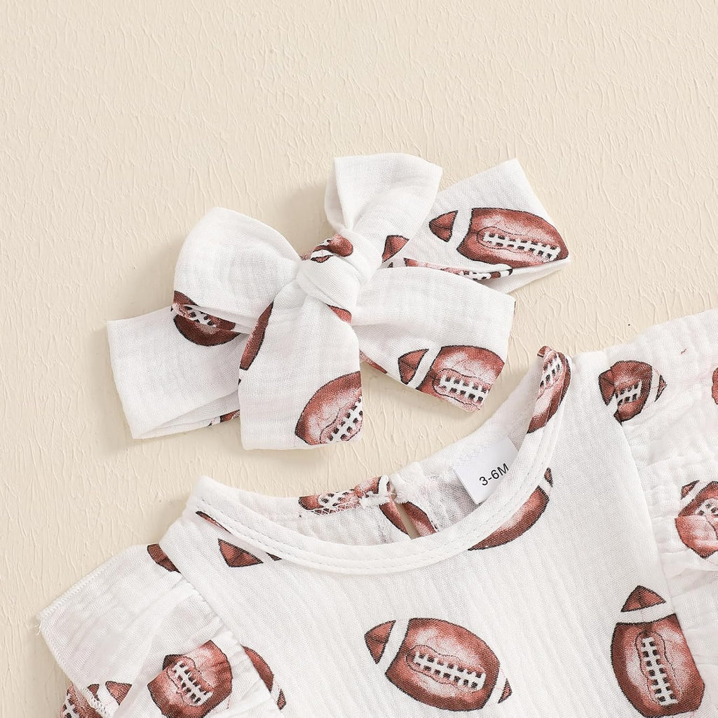 Newborn Baby Girl Football Outfit Rugby Print Ruffle Jumpsuit Puff Sleeve Linen Romper Headband Fall Clothes