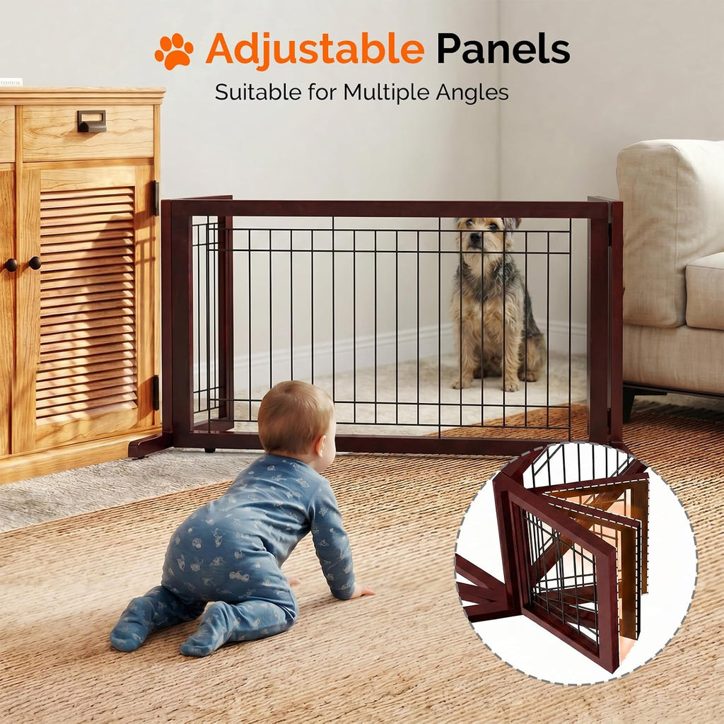 Free Standing Dog Gate, 39" - 68" Wide Pet Gate for Fireplace Stairs Doorways, Wooden Adjustable Pet Fence Indoor