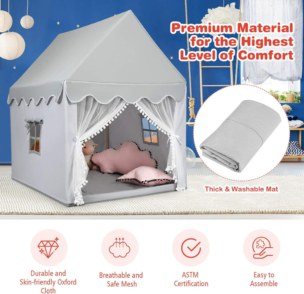 Kids Play Tent, Large Playhouse w/Washable Mat, Windows, Solid Wood Frame, Indoor Outdoor Princess Tent for Children