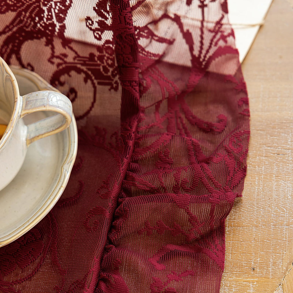 Burgundy Kitchen Curtains 45 Inch Length - Chic Short Lace Sheer Cafe Curtains for Window Over Sink, Light Filtering