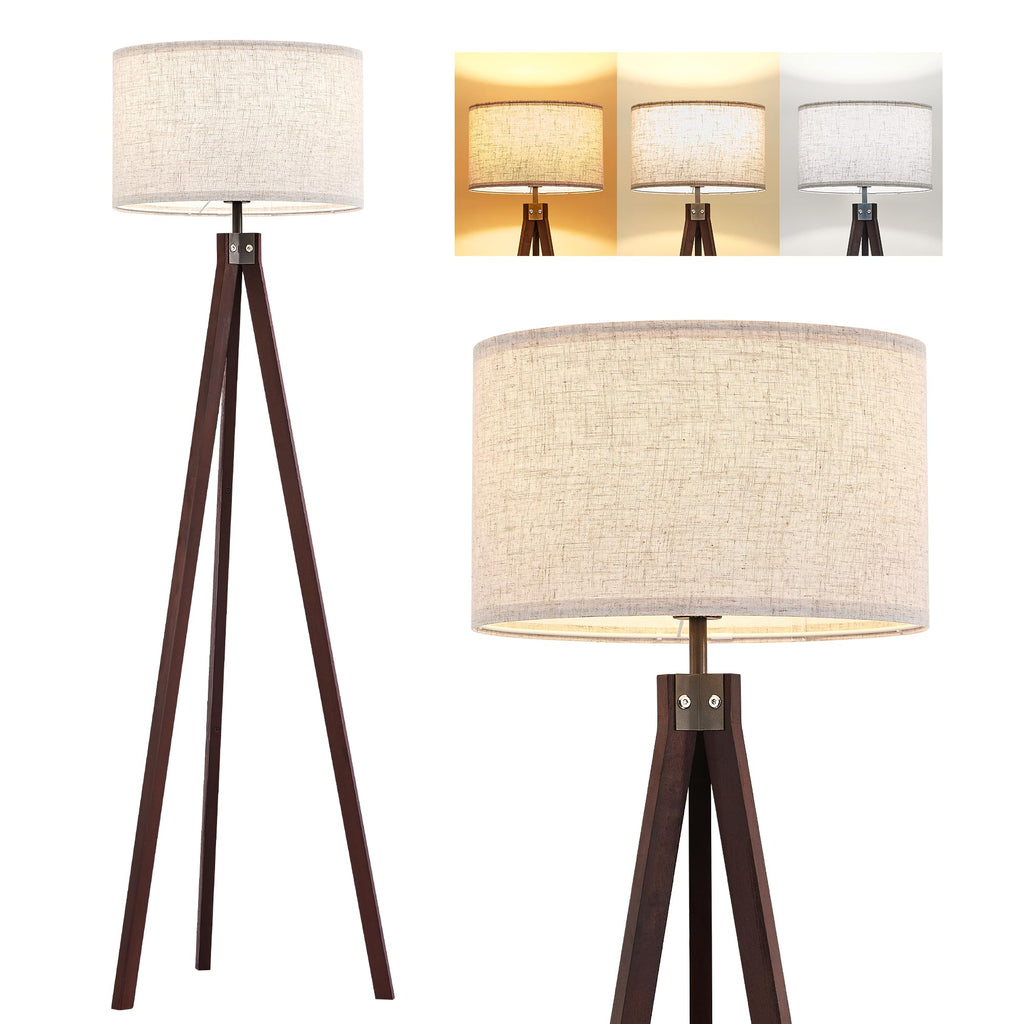 Wood Tripod Floor Lamp with 3 Color Temperatures Bulb, Mid Century Modern Reading Standing Light, Farmhouse Floor