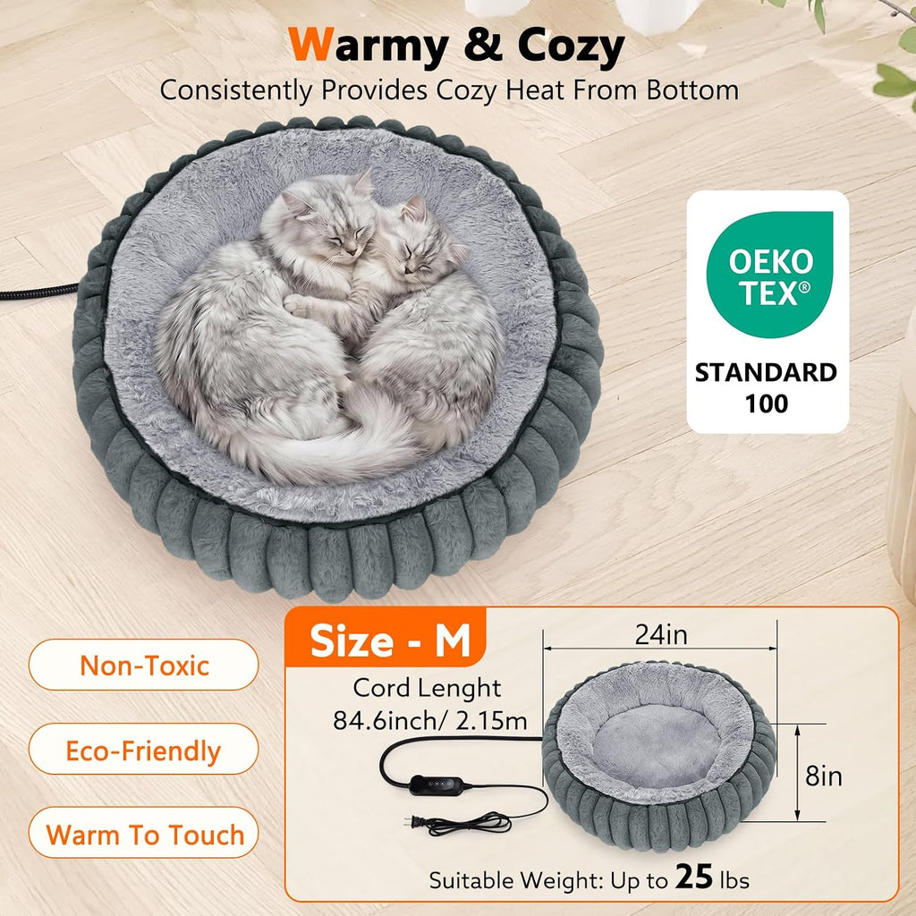 Heated Cat Beds for Indoor Cats and Small Dogs, Cozy Donut Heated Pet Bed with Timer & Temp Adjustable, Removable
