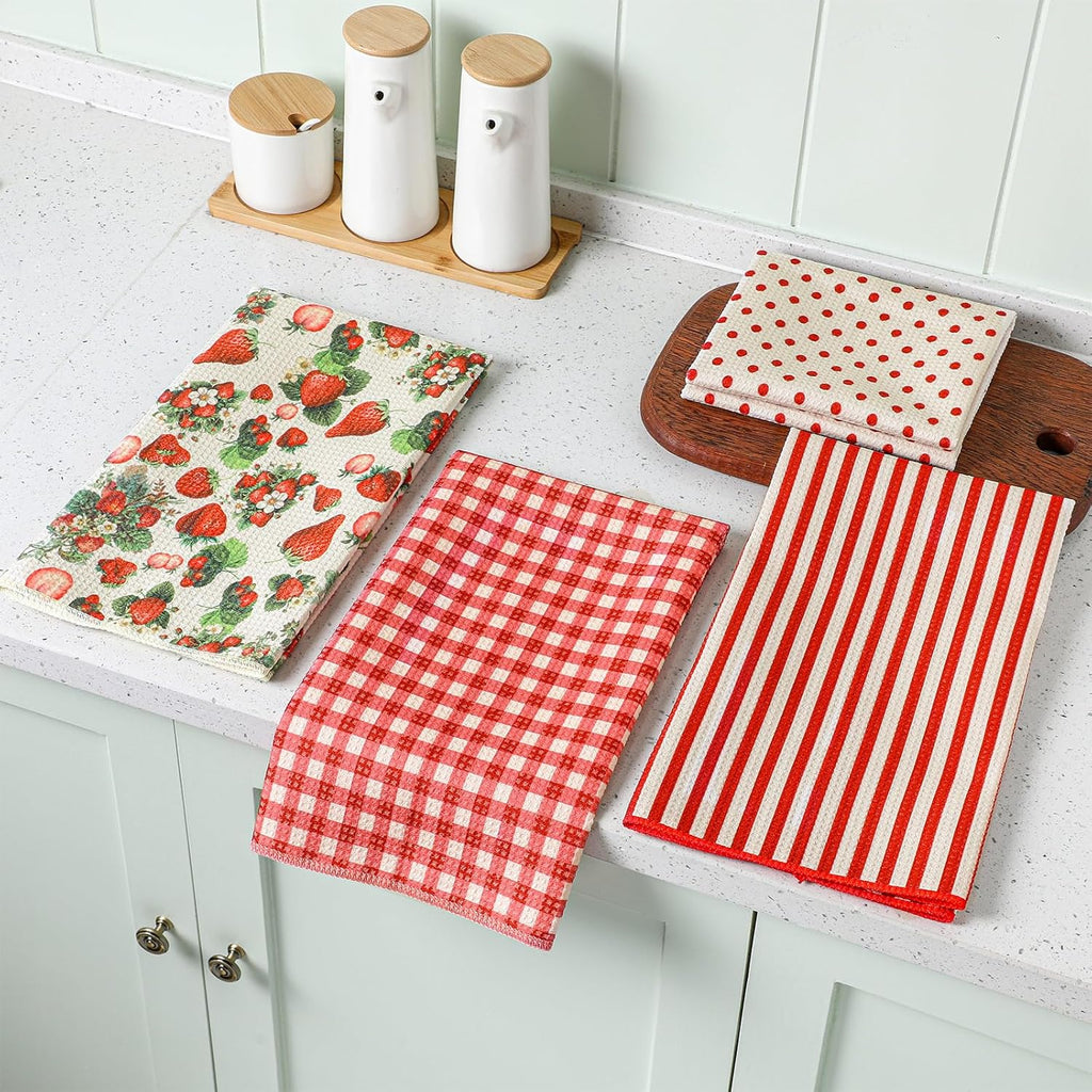 Strawberry Waffle Kitchen Towels Vintage Floral Kitchen Towels Set of 4 Waffle Dish Cloth 18 x 28 Inch Decorative