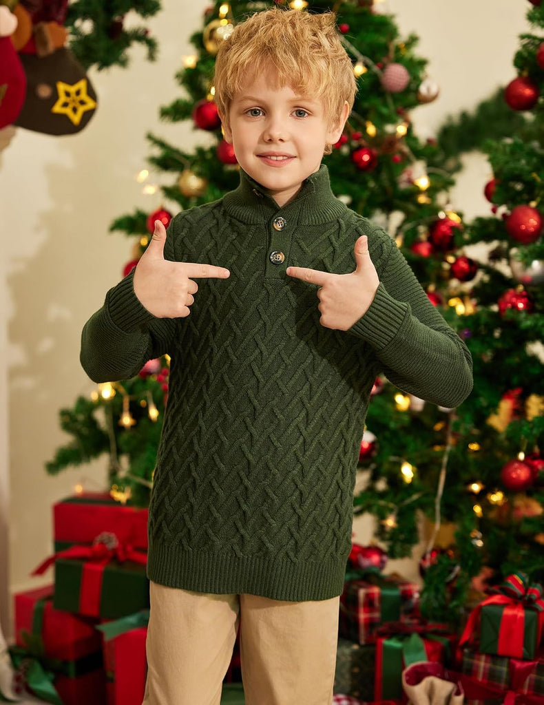 Boys Turtleneck Cable Knit Sweater Long Sleeve Button Up Pullover