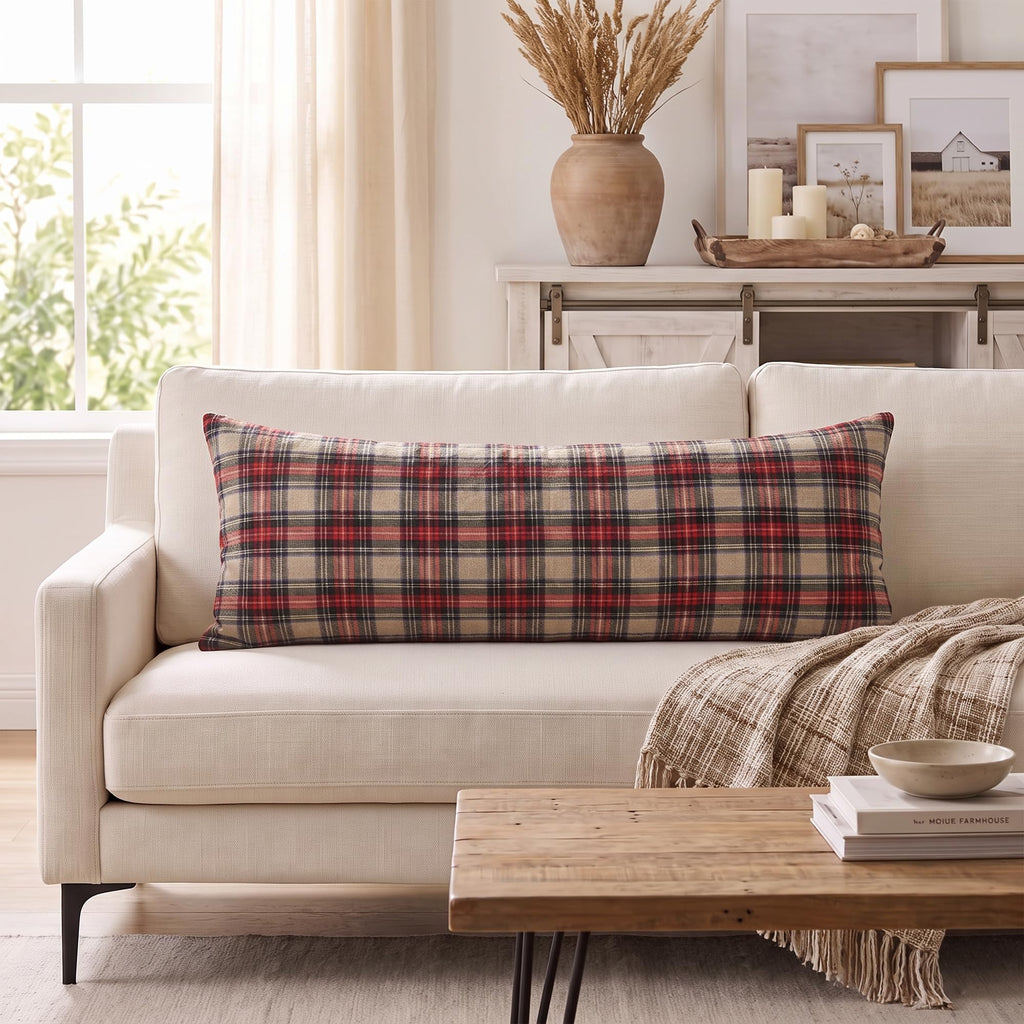 14x36 Brown Christmas Tartan Plaid Long Lumbar Pillow Cover, Cottage Decor