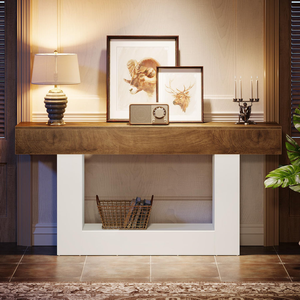 63" Console Table, Farmhouse 2-Tier Entryway Table with U-Shaped Base, Narrow Long Wood Sofa Table Behind Couch Table