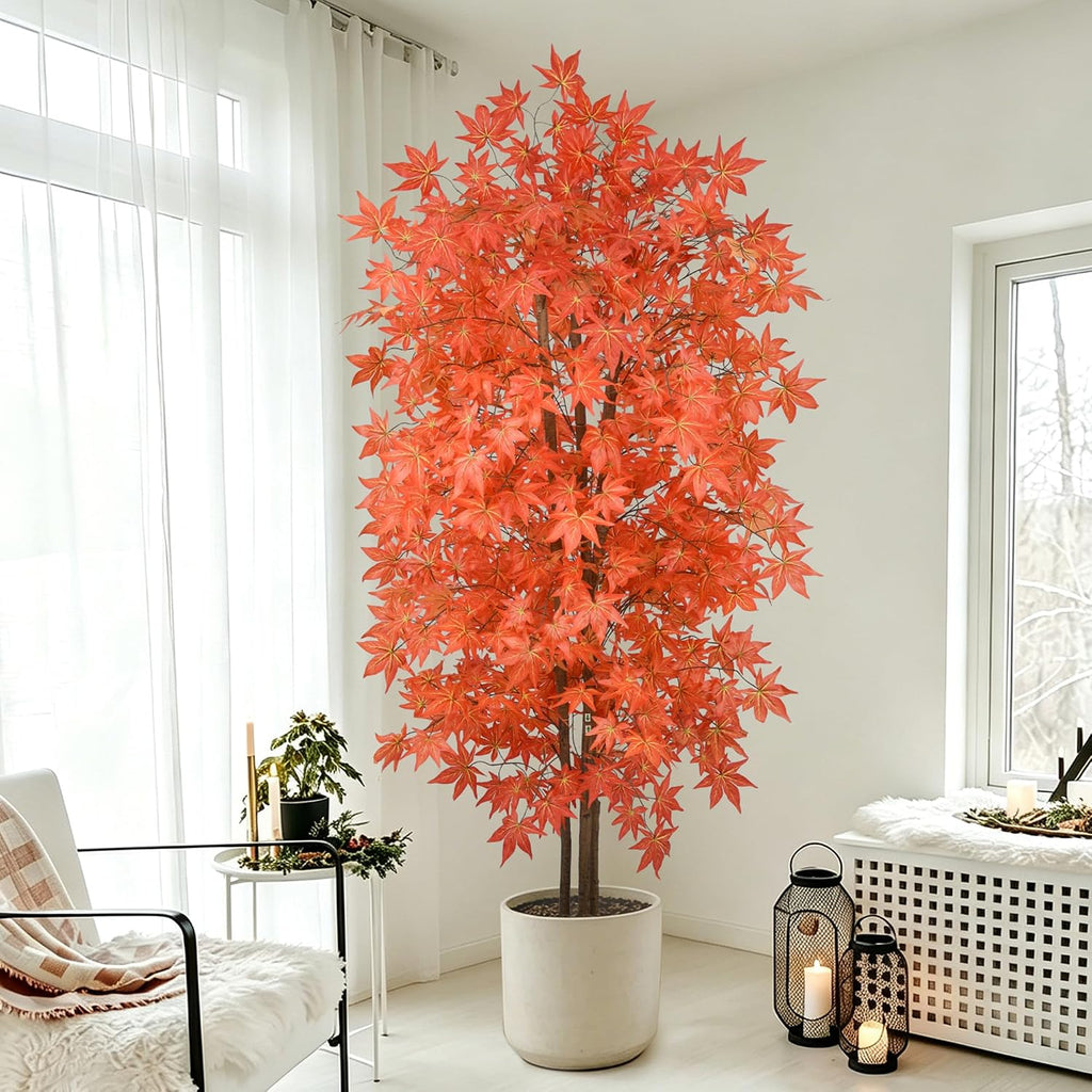 7FT Artificial Maple Trees, Tall Faux Autumn Tree Indoor with Lifelike Red Orange Leaves Realistic Fall Tree with Pot