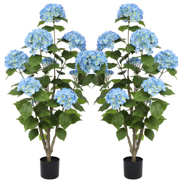 4FT Real Touch Faux Hydrangea Tree Outdoor, 2 Pack Blue Hydrangea Tree Artificial with Vibrant Blooms, Faux Hydrangea