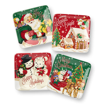 Santa's Retro Christmas Canapé Plates - Set of 4 Assorted 6" Holiday Plates with Santa, Reindeer & Snowman Art
