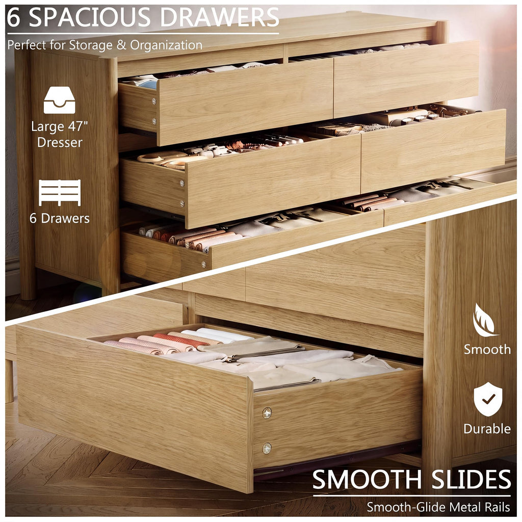Oak Dresser, 47" Wide 6 Drawer Mid Century Modern Chest