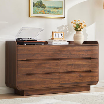 Curved 6 Drawer Dresser, Modern 53-Inch Chest of Drawers, Wood Storage Dresser Organizers with Hidden Handles, 6