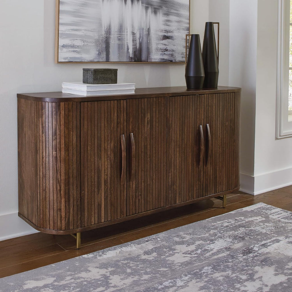 Amickly Contemporary 4-Door Accent Cabinet with 2 Shelves, Cord Management and Fluted Design, Dark Brown