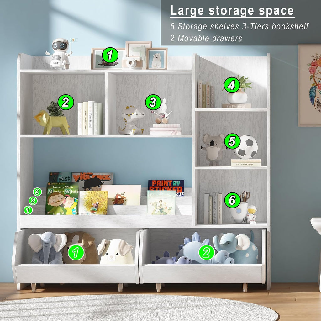 Kids Bookshelf and Toy Storage Organizer with 2 Rolling Bins, 5-Tier Open Wooden Bookcase for Children's Bedroom