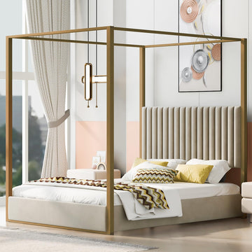 Modern 4-Poster Canopy Platform Bed Queen Size with Channel Upholstery Tufted Headboard, Gold Metal Canopied Design