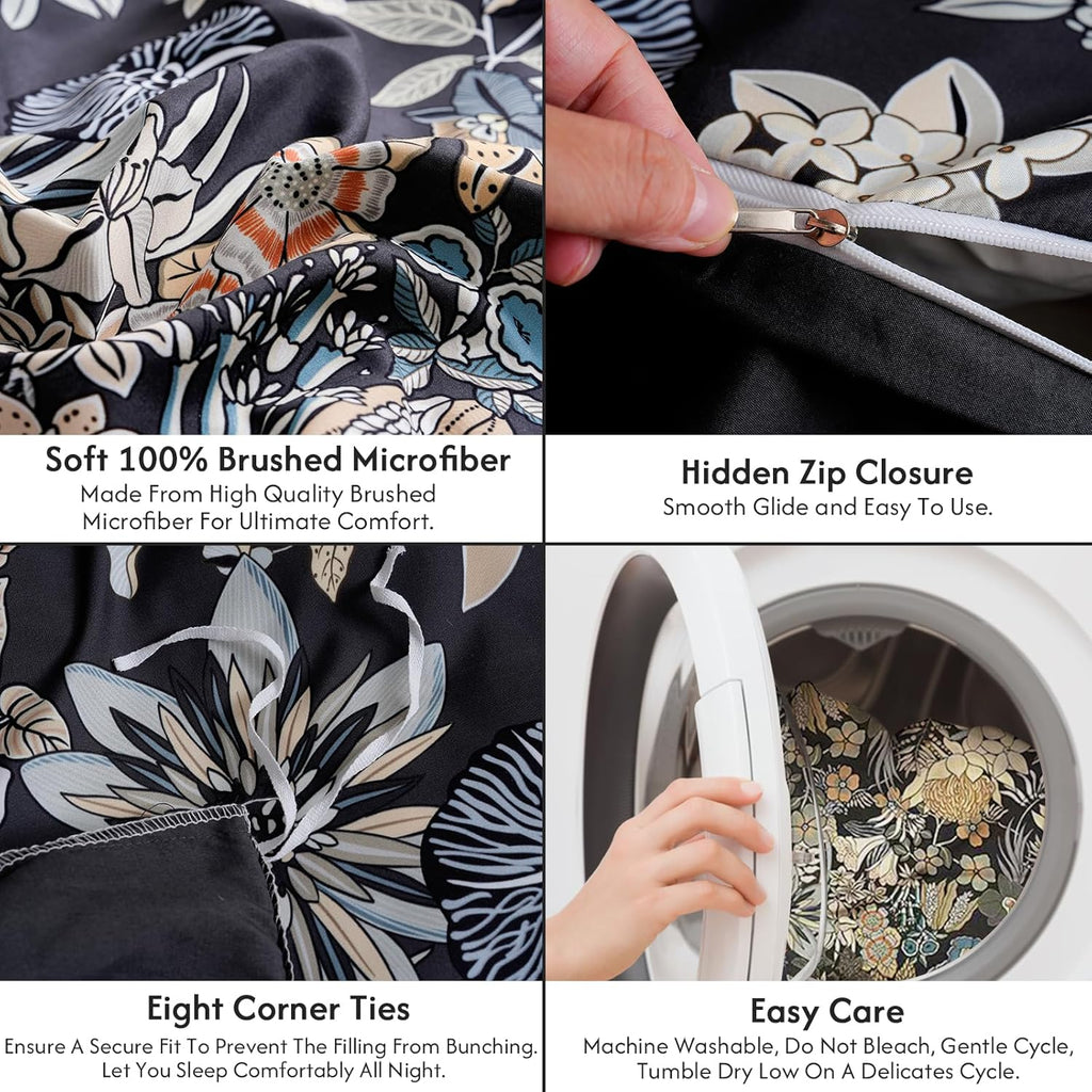 Queen Flower 3 Pcs Duvet Cover Set, Breathable Soft Microfiber Black Lining Comforter Cover with Zipper Closure, and 2 Anti-Pilling, Fade Resistant Pillowcases, Midnight Blossoms