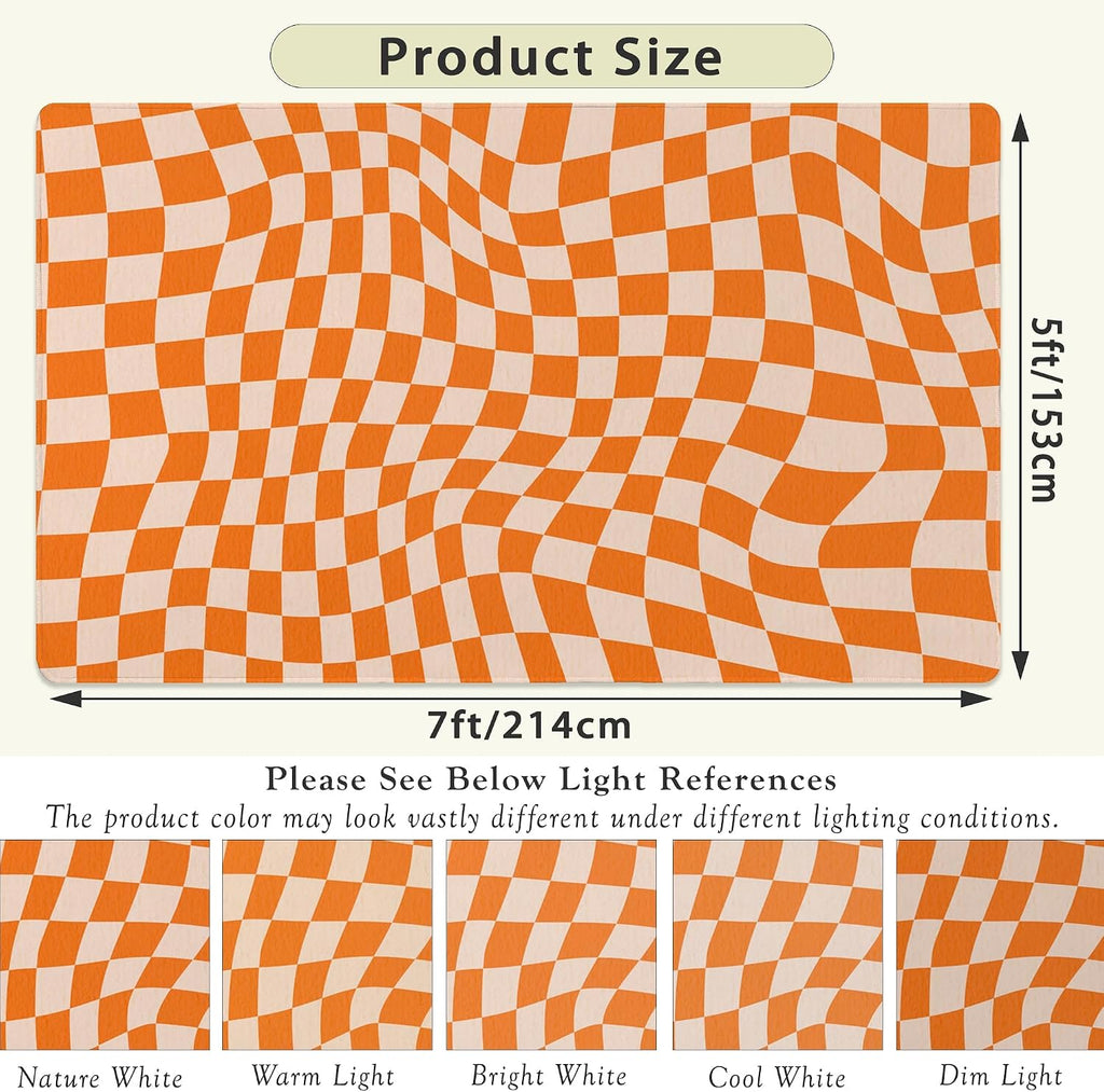Orange Checkered Area Rug,Autumn Washable Area Rug 5x7 Large Rugs Non-Slip Soft Low Pile Carpet Rug Bedside Dining