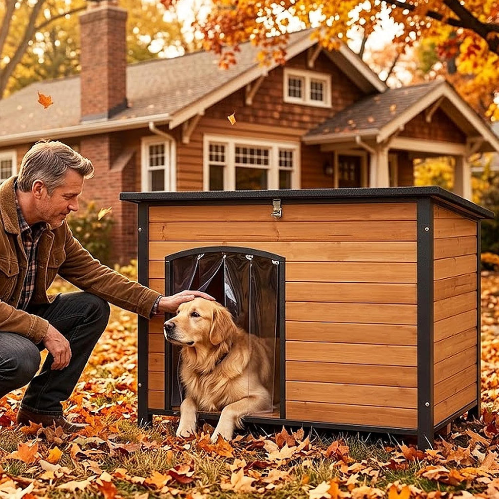 Medium Dog House Outdoor Wooden Kennel, Full Metal Frame