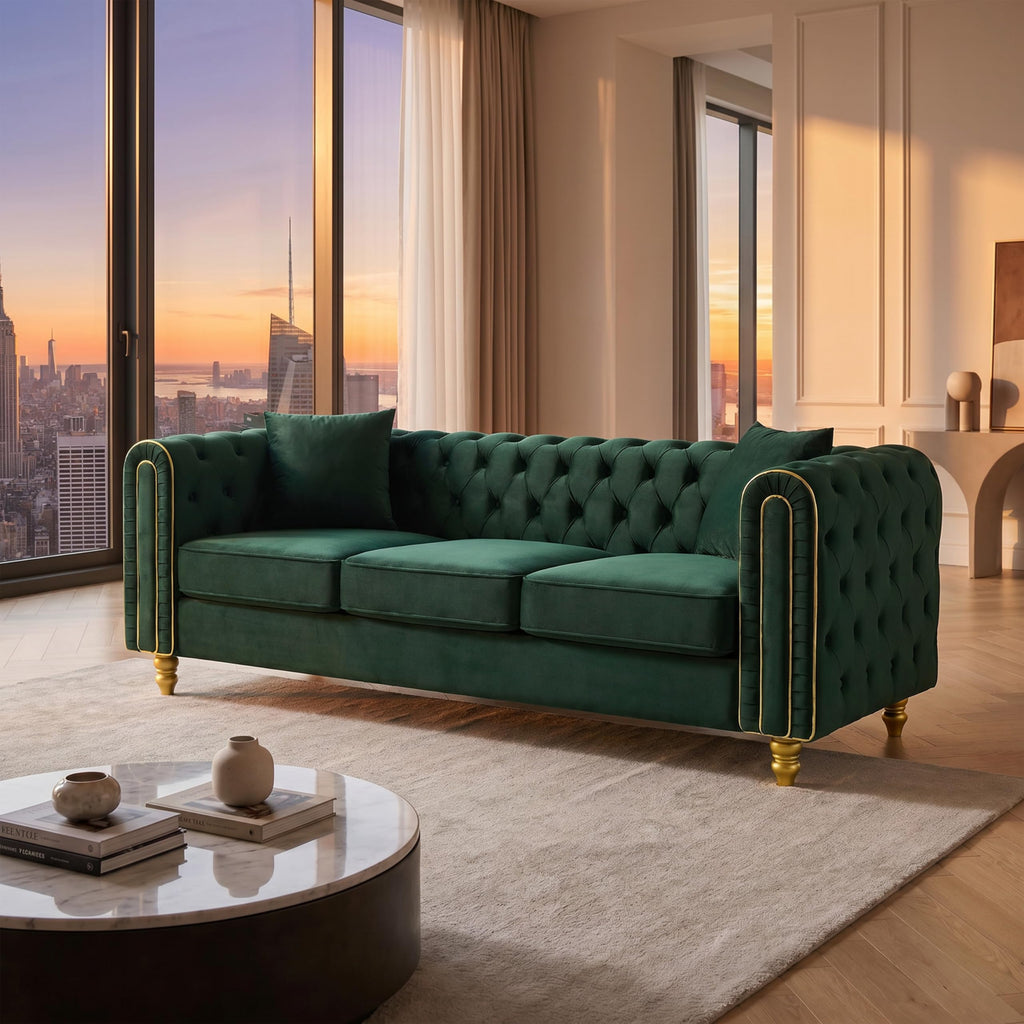 86" Chesterfield 3-Seater Velvet Sofa Couch, Button Tufted Rolled Arms with Gold Piping, Gold Metal Legs, Modern