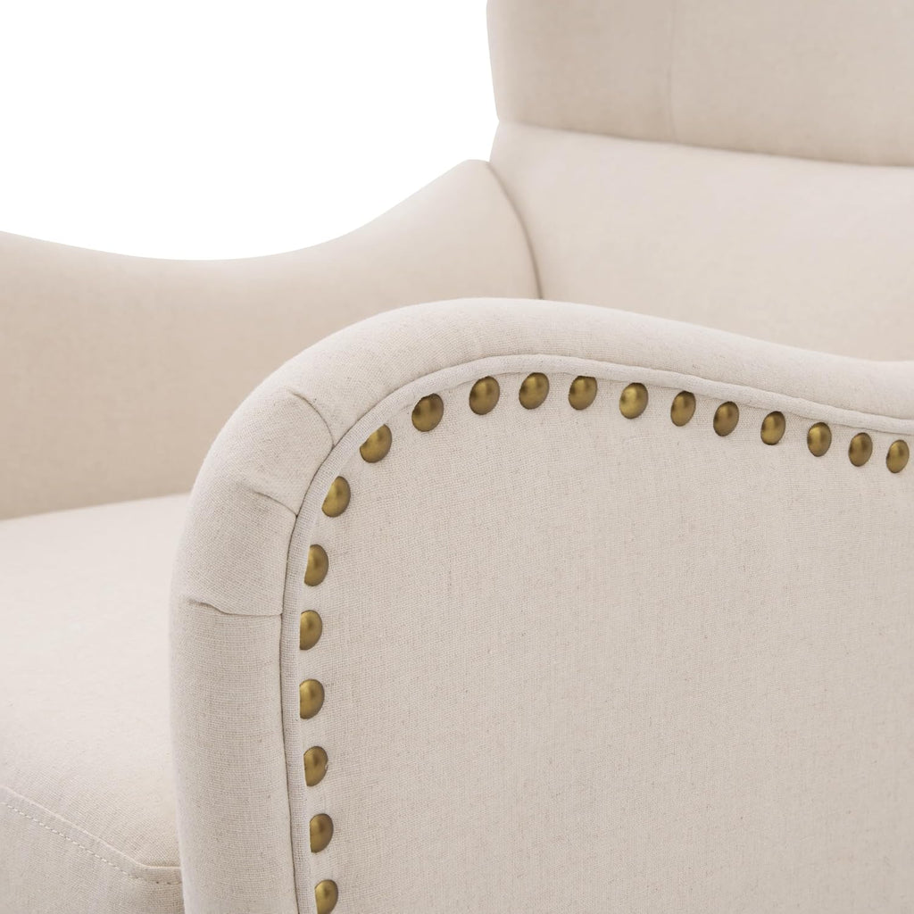 Accent Wingback Chair with Ottoman, Upholstered High Back Reading Chair, Beige Linen Blend Armchair with Nailhead