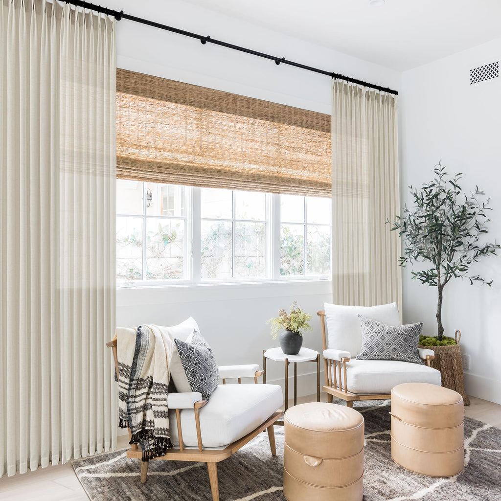 102 Inch Long Oatmeal Pinch Pleated Linen Curtains, Lightweight Semi Sheer Natural Fabric Fiber Color Floor to