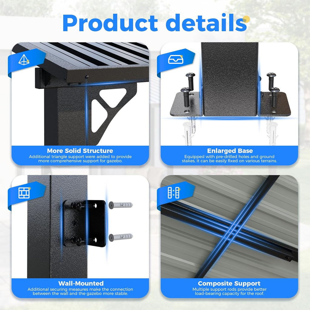 10'x14' Lean to Gazebo, Hardtop Pergola with Metal Roof, Wall Mounted Heavy Duty Canopy Awning for Backyard