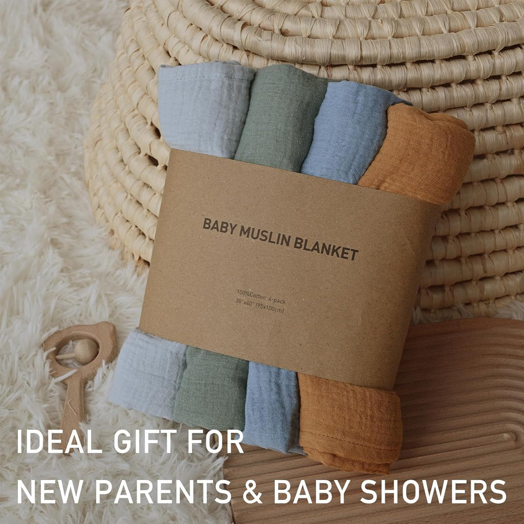 Muslin Swaddle Blankets for Baby Girls and Boys, 4 Pack Breathable and Skin-Friendly Newborn Receiving Blanket, 100%