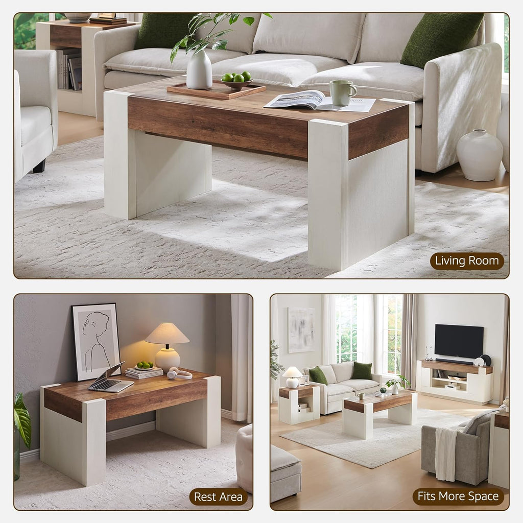48" Modern Farmhouse Coffee Table, Wooden Living Room Table with Hidden Storage Drawer