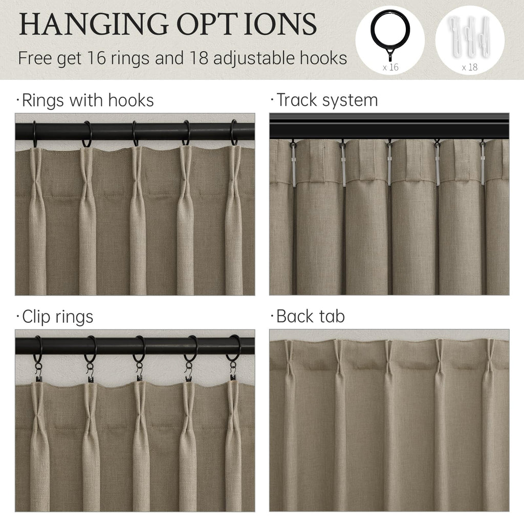 Taupe Pinch Pleated Linen Semi Sheer Curtains 72 Inches Long 2 Panels Bedroom Rustic Country Thick Linen Textured