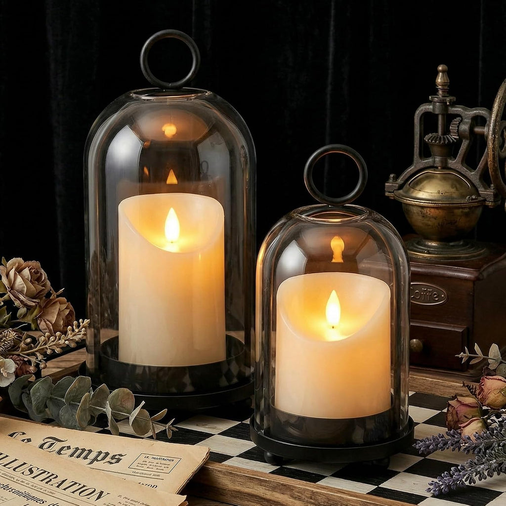 Hurricane Candle Holders Set of 2-10" & 7.8" Black Metal Base with Glass Dome, Includes 2 Pillar Candles, Hanging or