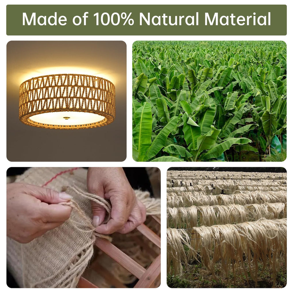 15.7" Rattan Ceiling Light, Boho Semi Flush Mount Light Fixture