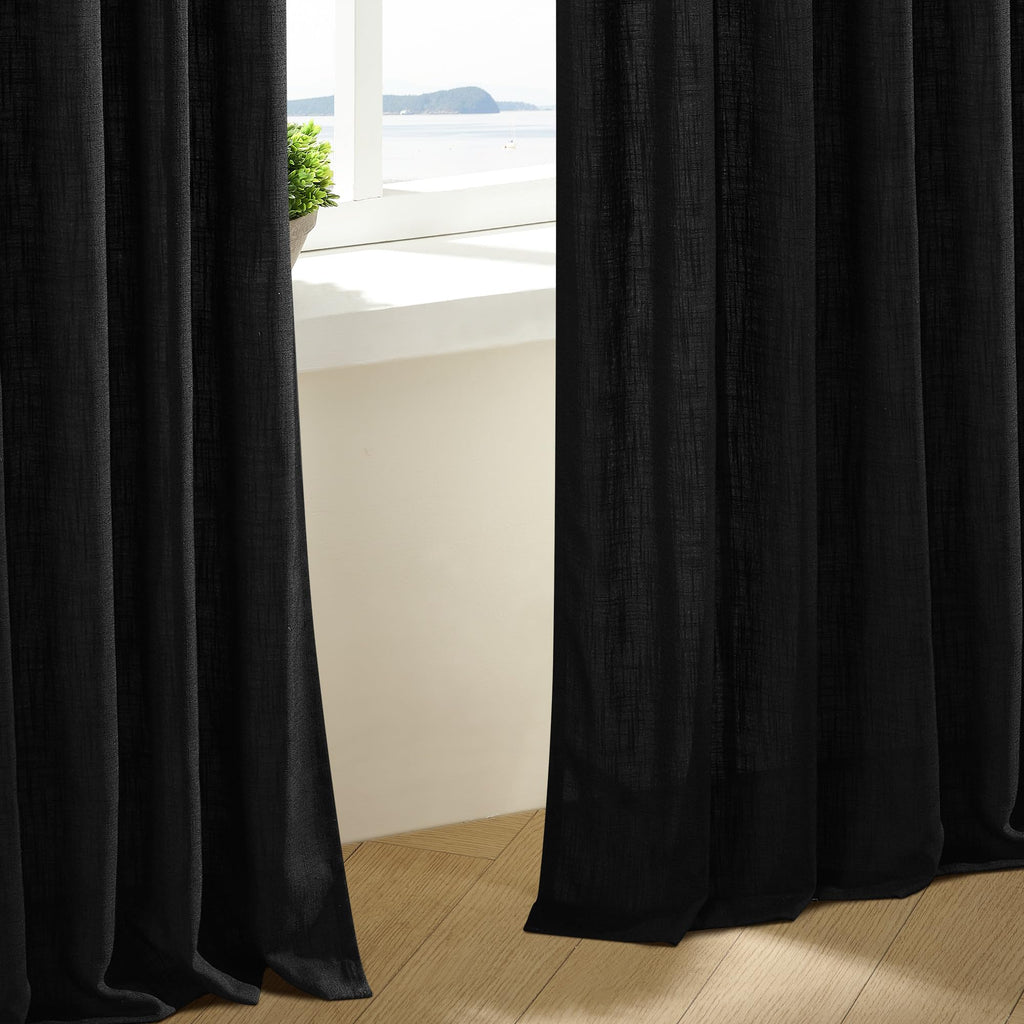 Black Pinch Pleated Linen Semi Sheer 120 Inch Curtains 2 Panels