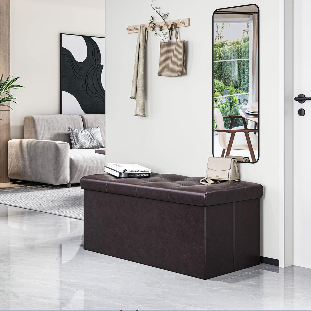 Folding Storage Ottoman Bench, Faux Leather Footrest Couch, 30 inch Storage Bench with Padded Seat Hallway, Holds up