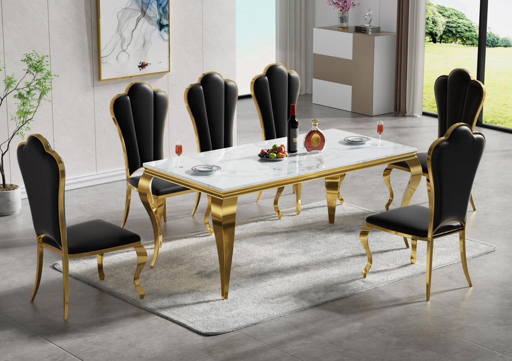 Marble Dining Table for 4 6, 68 Inch White Gold Kitchen Table with Faux Marble Top & Cabriole Stainless Steel Legs