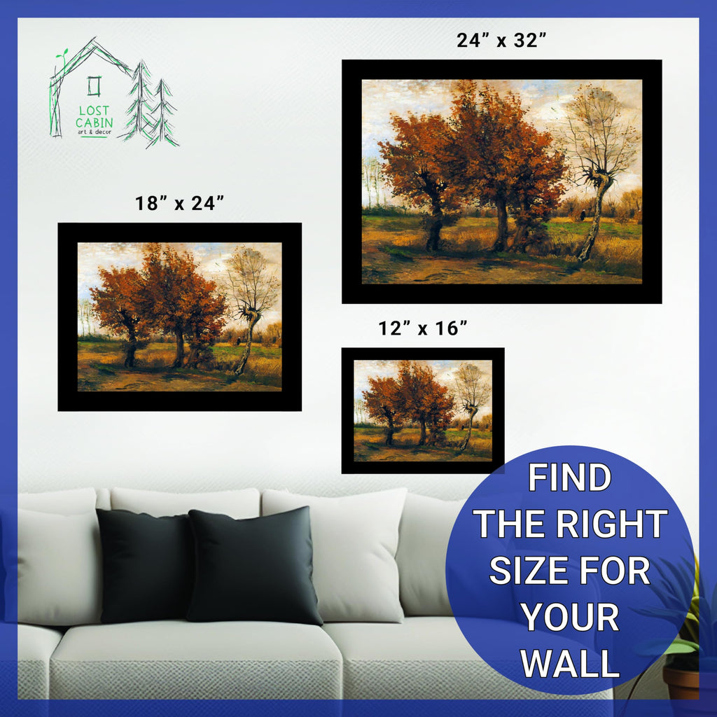 Cabin Autumn Landscape with Four Trees by Vincent Van Gogh | Print in Black Flat Frame | Fine Artwork Painting